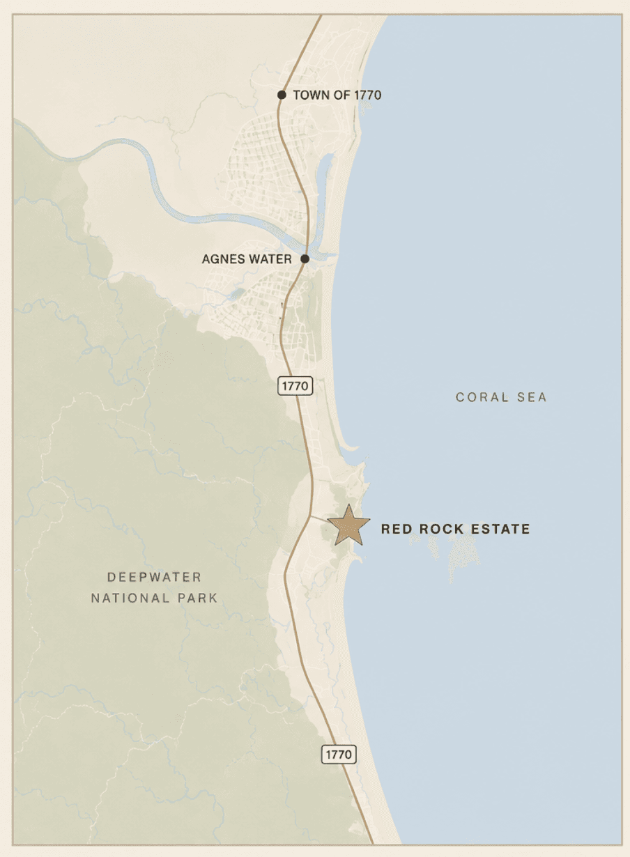 Local map showing Red Rock Estate between Agnes Water, the Town of 1770 and Deepwater National Park