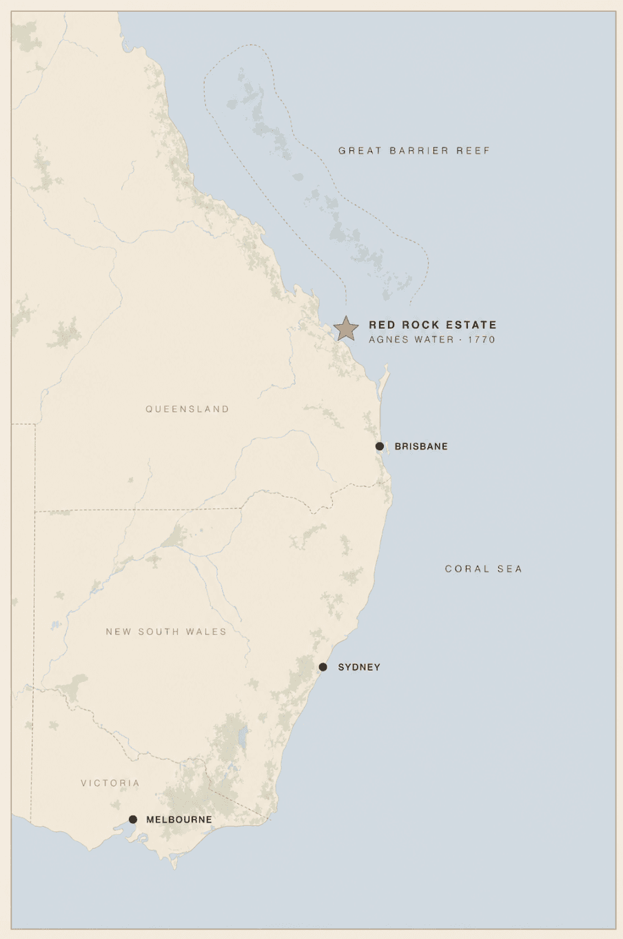 Map of Australia's east coast showing Red Rock Estate at Agnes Water on the Southern Great Barrier Reef, north of Brisbane, Sydney and Melbourne