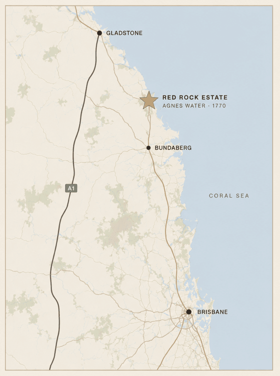 Regional map showing Red Rock Estate between Gladstone, Bundaberg and Brisbane
